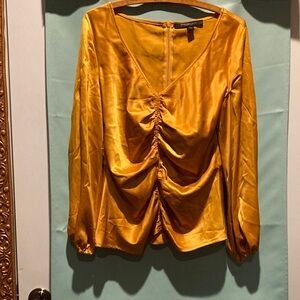 Marc New York Golden Yellow Ruched Satin Long Sleeve Blouse
